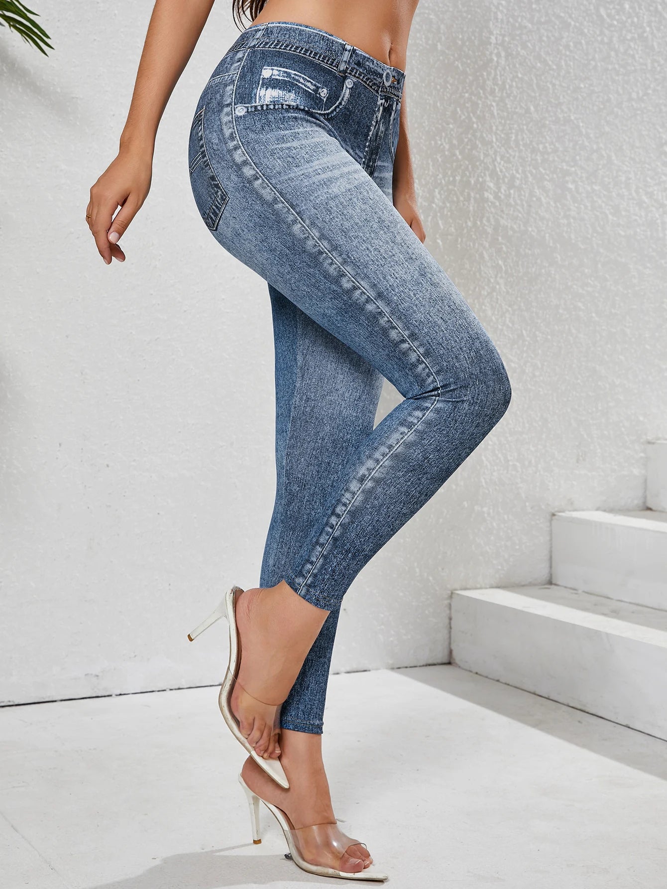 Women's Imitation Denim Leggings With Pockets High Stretchy Comfortable Tummy Control Fitness Gym Yoga Pants Daily Wear