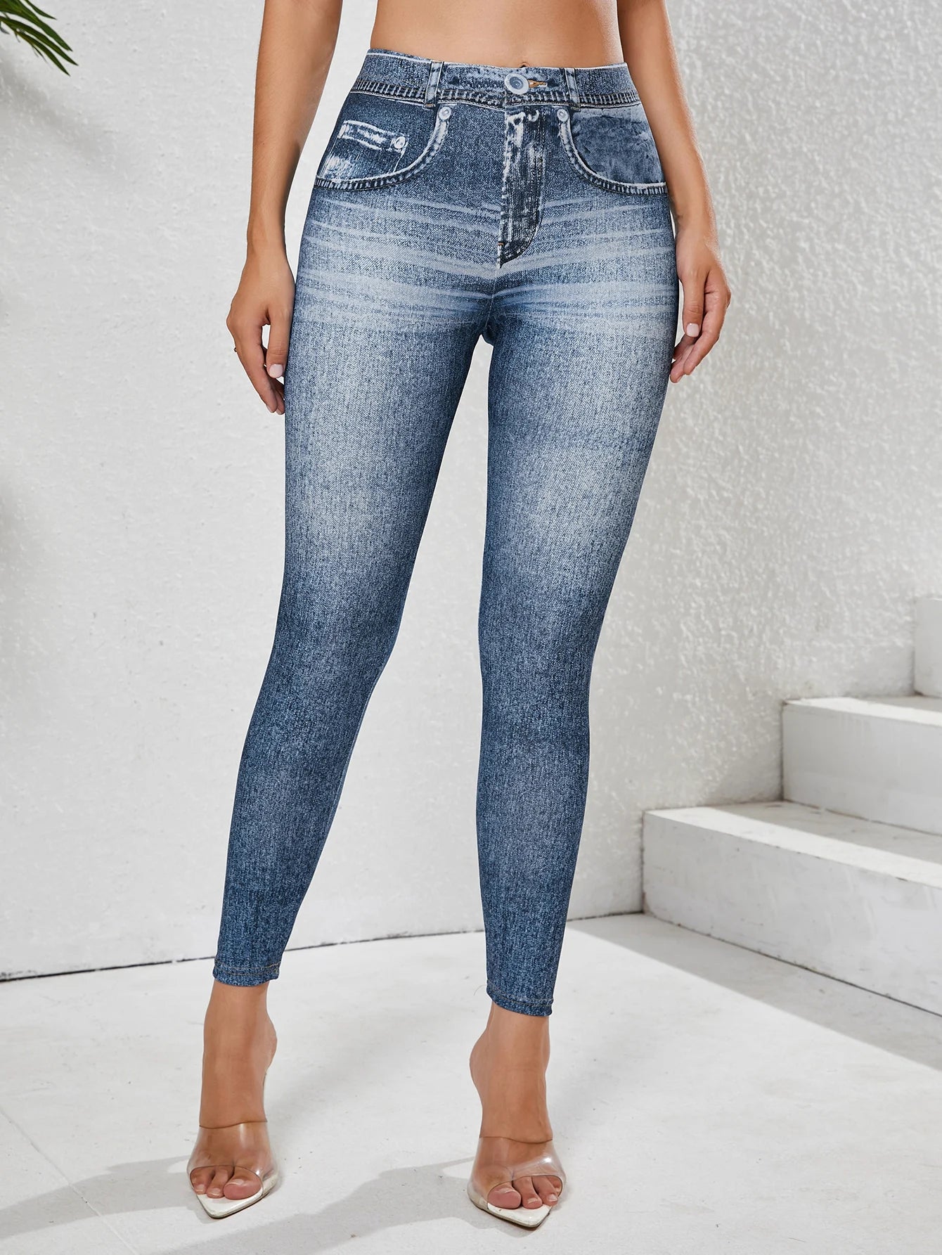 Women's Imitation Denim Leggings With Pockets High Stretchy Comfortable Tummy Control Fitness Gym Yoga Pants Daily Wear