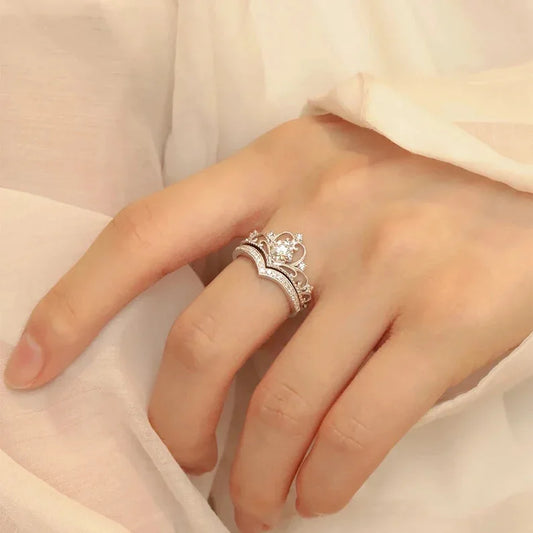 Stainless Steel 2PCS Crystal Crown Adjustable Ring Irregular Geometry Vintage Rings Set for Women Girls New Fashion Jewelry Gift