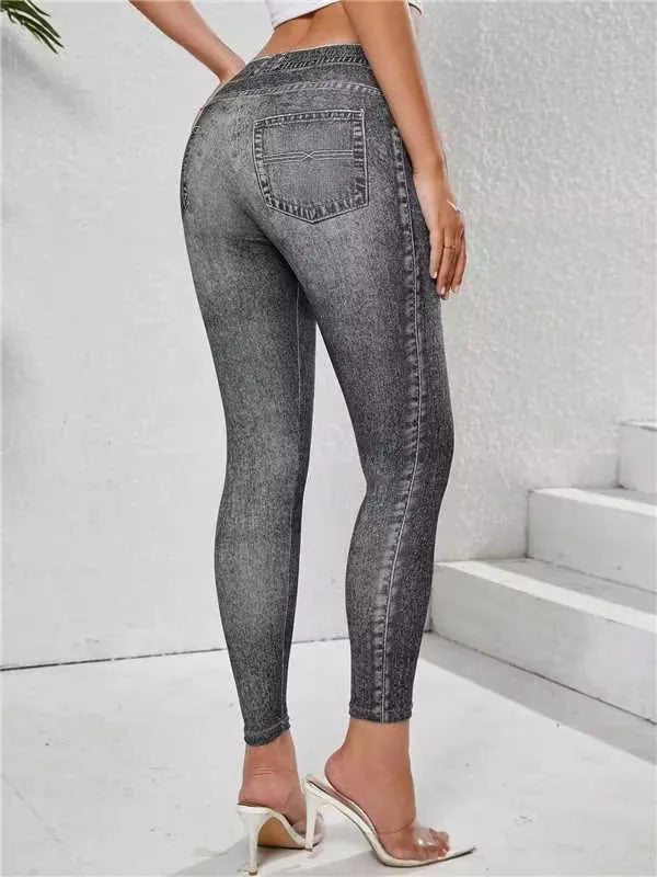 Women's Imitation Denim Leggings With Pockets High Stretchy Comfortable Tummy Control Fitness Gym Yoga Pants Daily Wear