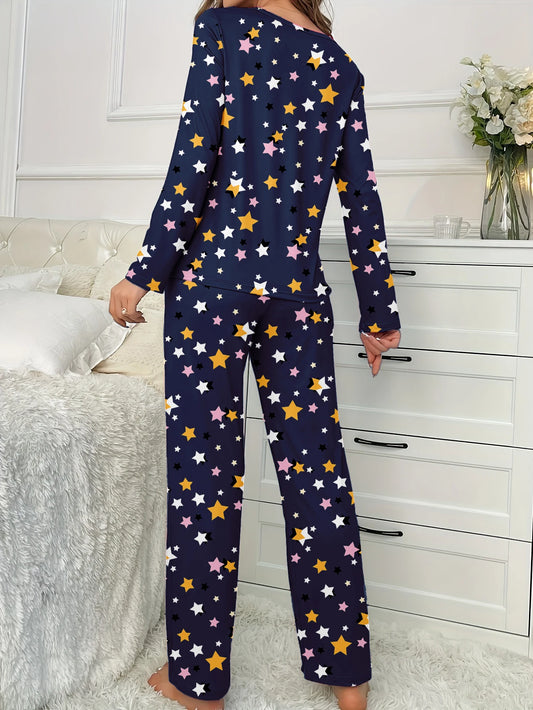Women’s Star-Print Long Sleeve Pyjama Set – Cosy Winter Nightwear UK