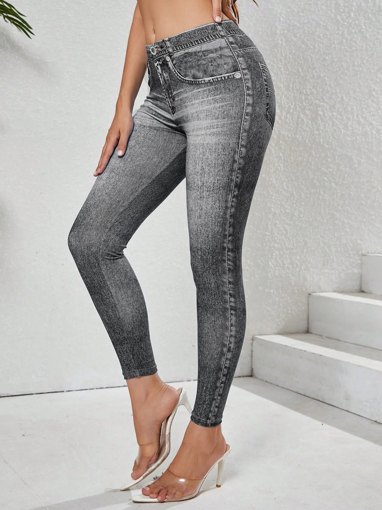 Women's Imitation Denim Leggings With Pockets High Stretchy Comfortable Tummy Control Fitness Gym Yoga Pants Daily Wear