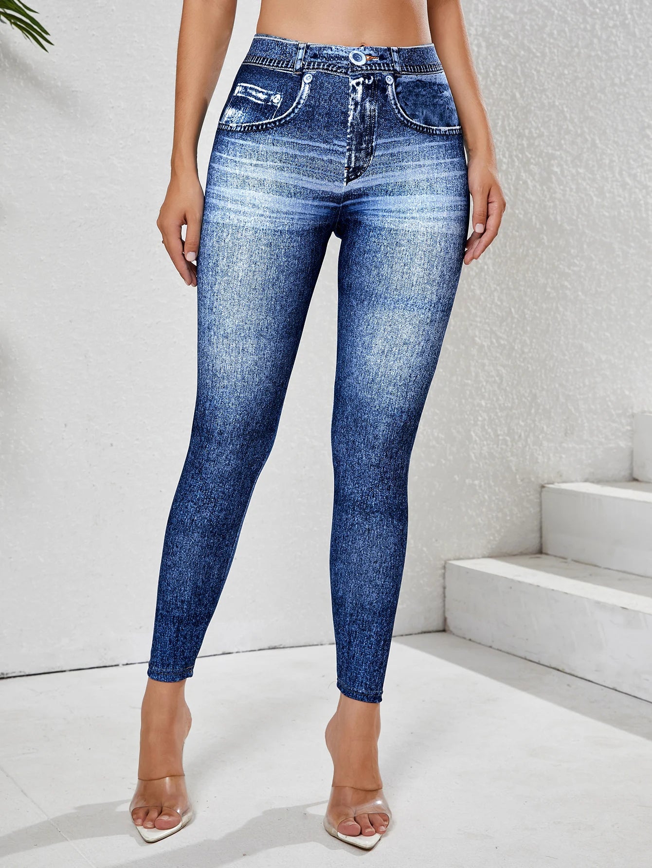 Women's Imitation Denim Leggings With Pockets High Stretchy Comfortable Tummy Control Fitness Gym Yoga Pants Daily Wear