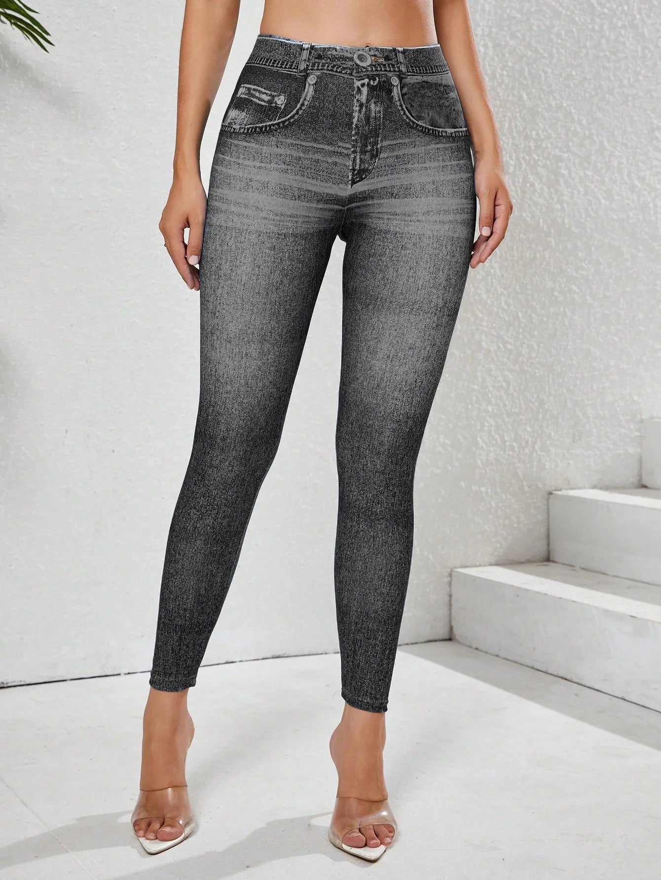 Women's Imitation Denim Leggings With Pockets High Stretchy Comfortable Tummy Control Fitness Gym Yoga Pants Daily Wear