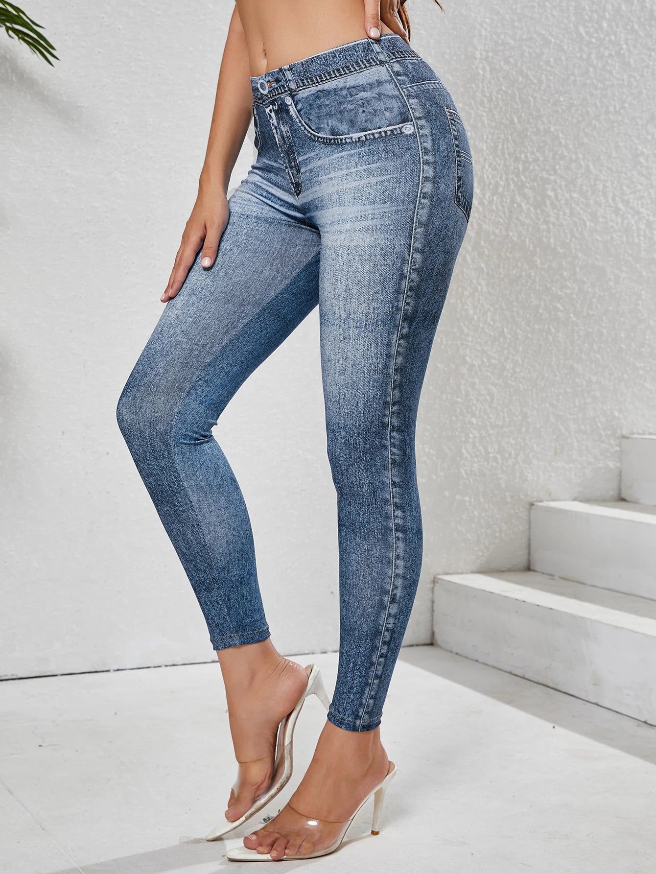 Women's Imitation Denim Leggings With Pockets High Stretchy Comfortable Tummy Control Fitness Gym Yoga Pants Daily Wear