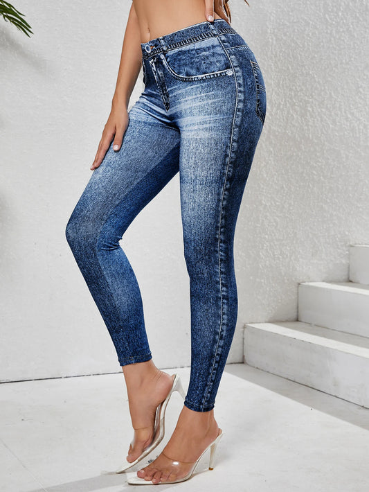 Women's Imitation Denim Leggings With Pockets High Stretchy Comfortable Tummy Control Fitness Gym Yoga Pants Daily Wear