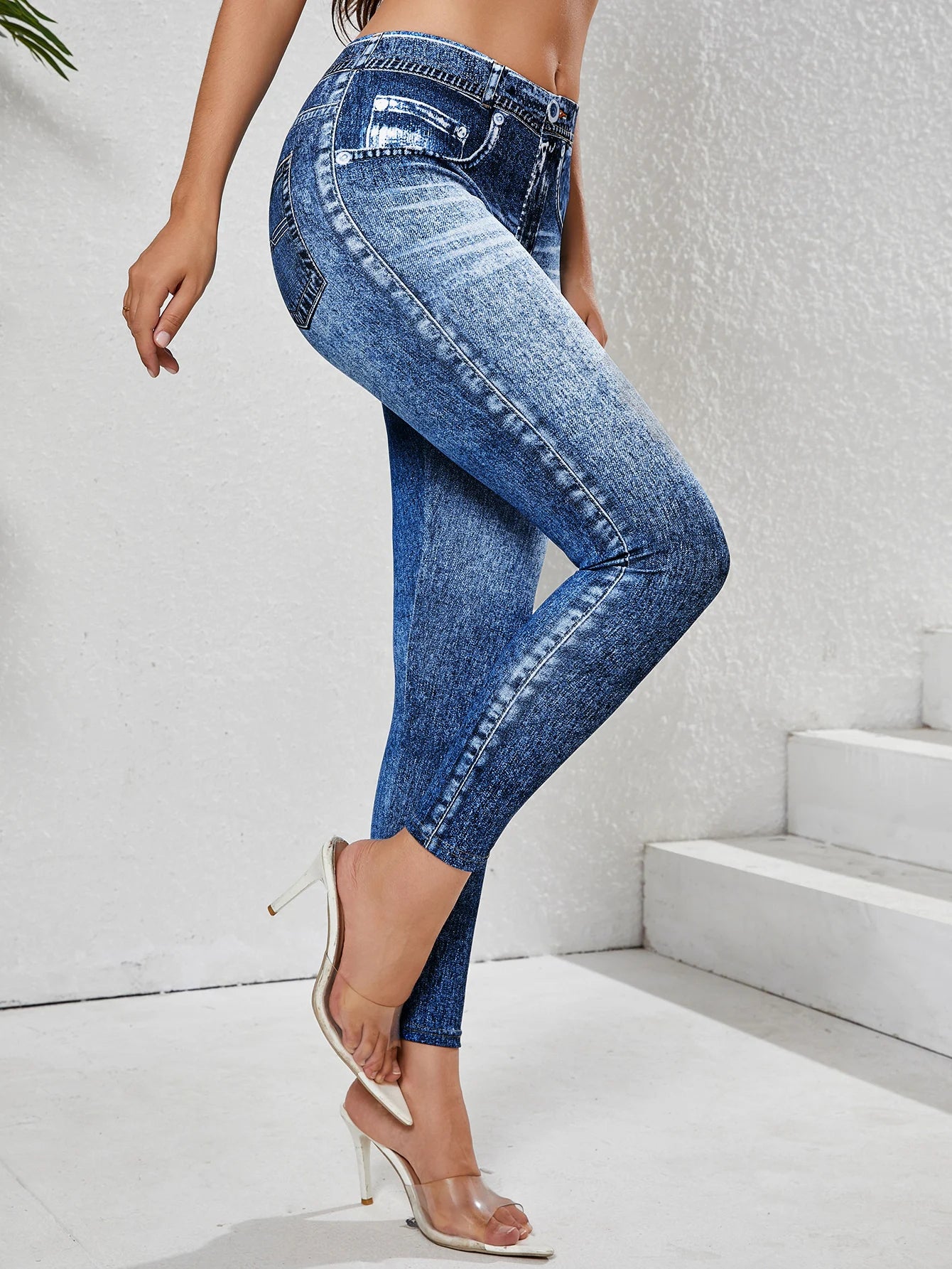 Women's Imitation Denim Leggings With Pockets High Stretchy Comfortable Tummy Control Fitness Gym Yoga Pants Daily Wear